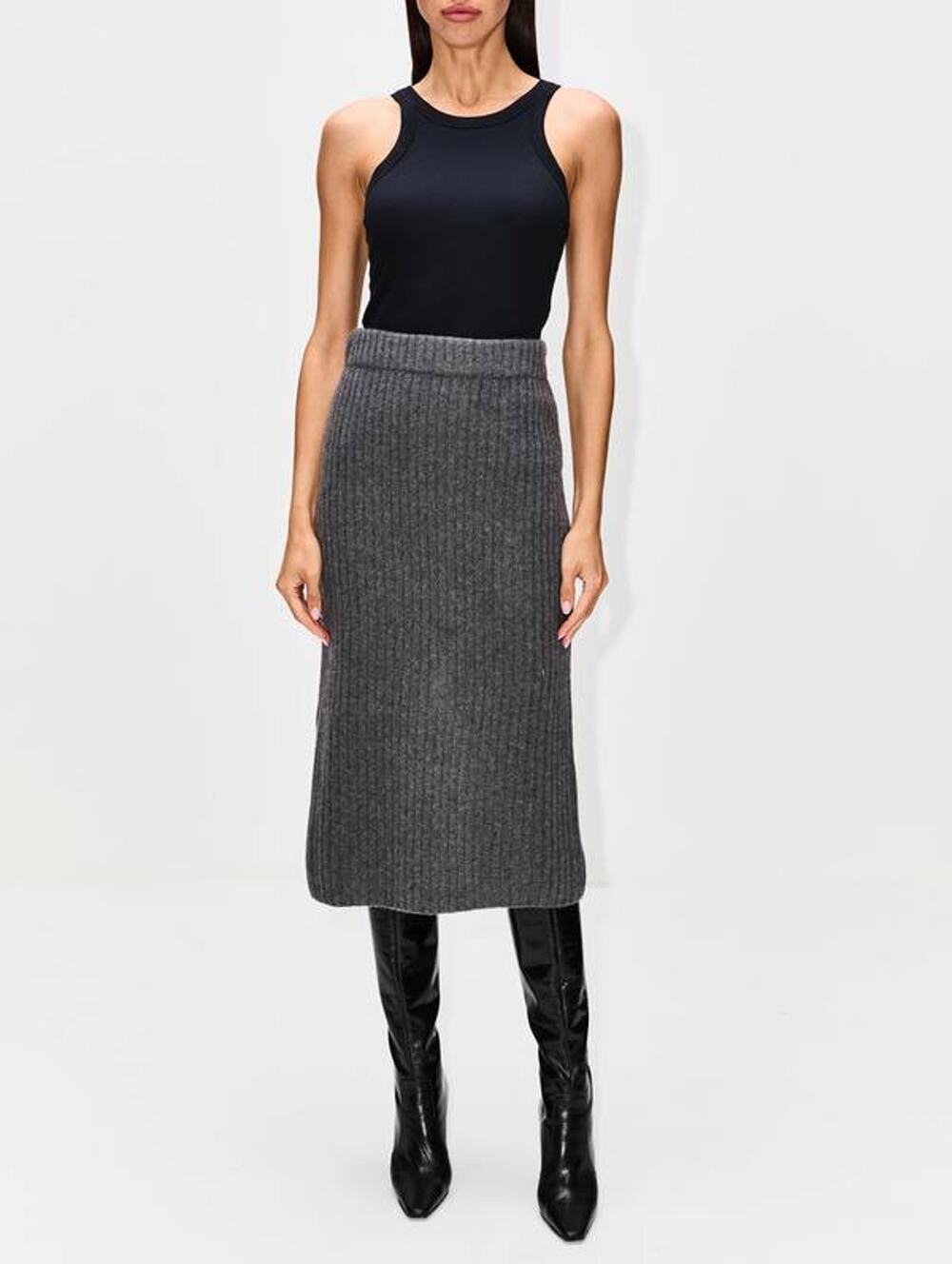 Elder Statesman Ribbed 100% Cashmere Pencil Skirt in Fidi Grey XS